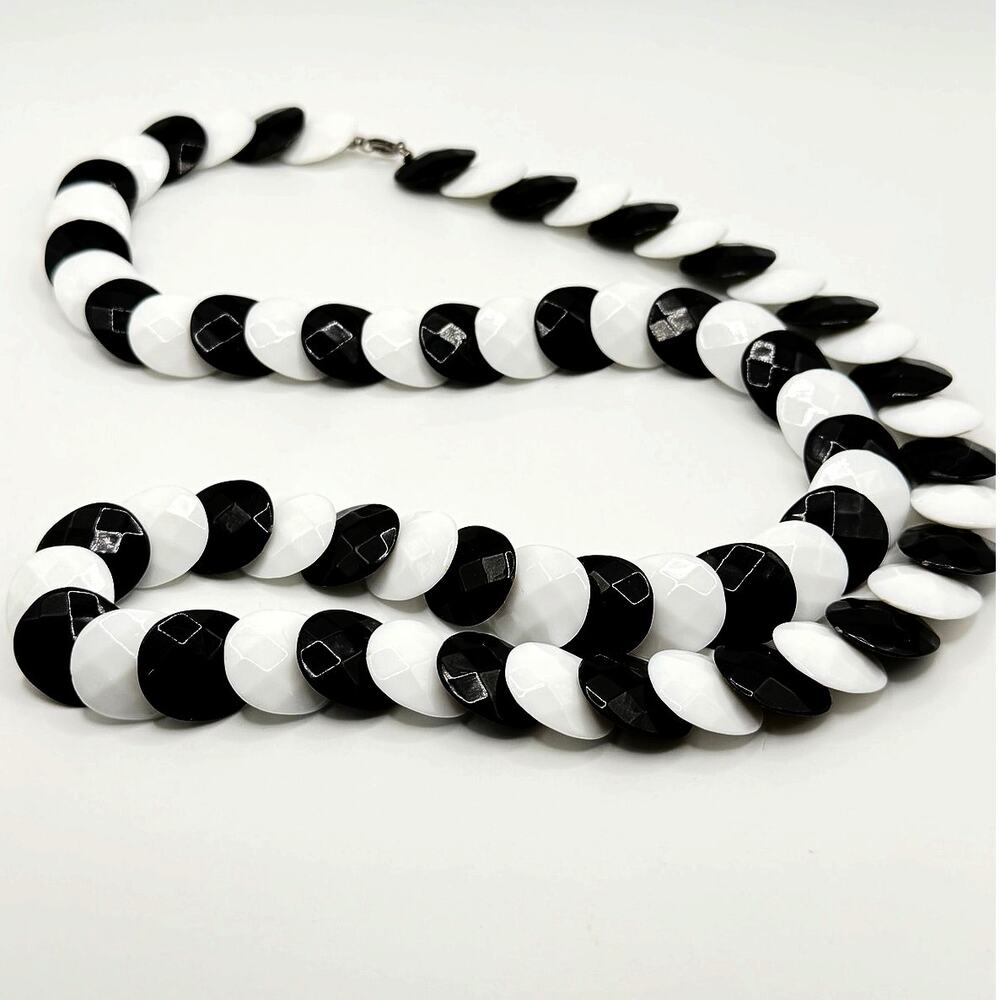 Black White Mod Disc Statement Necklace Long Retro Geometric 18” Drop